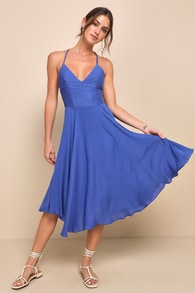Troulos Royal Blue Lace-Up Midi Dress