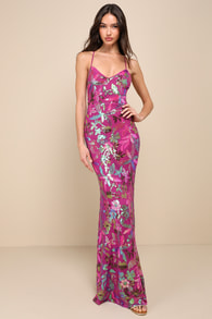 Glittering Icon Magenta Iridescent Sequin Lace-Up Maxi Dress