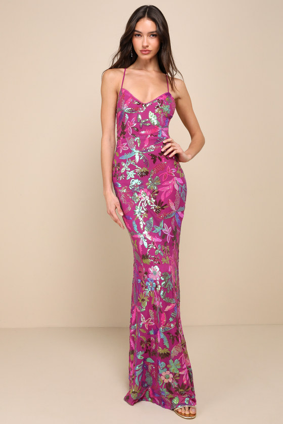 Glittering Icon Magenta Iridescent Sequin Lace-Up Maxi Dress 1