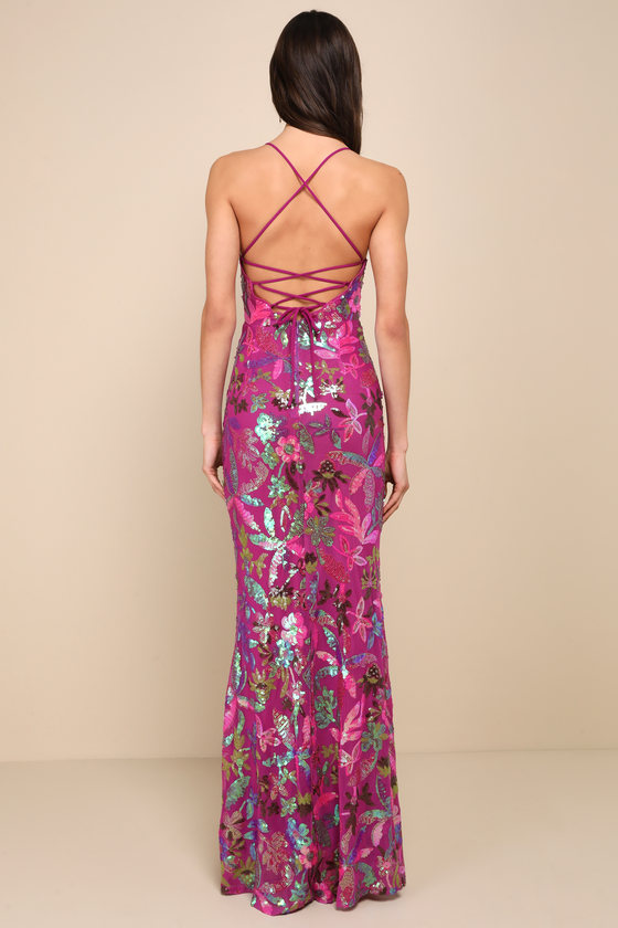 Glittering Icon Magenta Iridescent Sequin Lace-Up Maxi Dress 2
