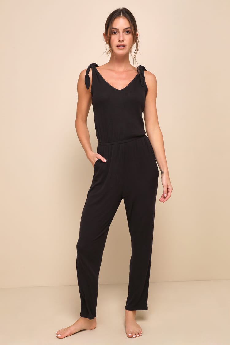 Cute Black Jumpsuit - Tie-Strap Jumpsuit - Knit Jumpsuit - Lulus