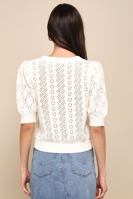 Shop Free People Eloise Ivory Pointelle Puff Sleeve Sweater Top