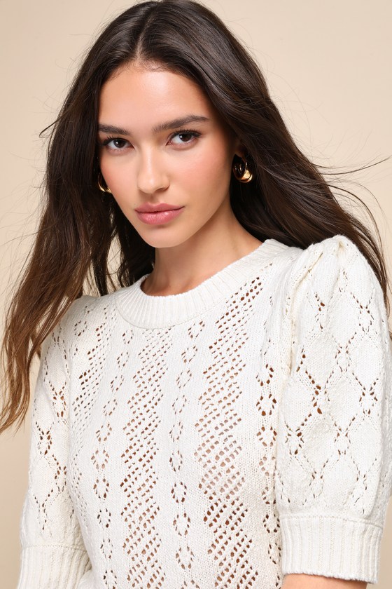 Shop Free People Eloise Ivory Pointelle Puff Sleeve Sweater Top