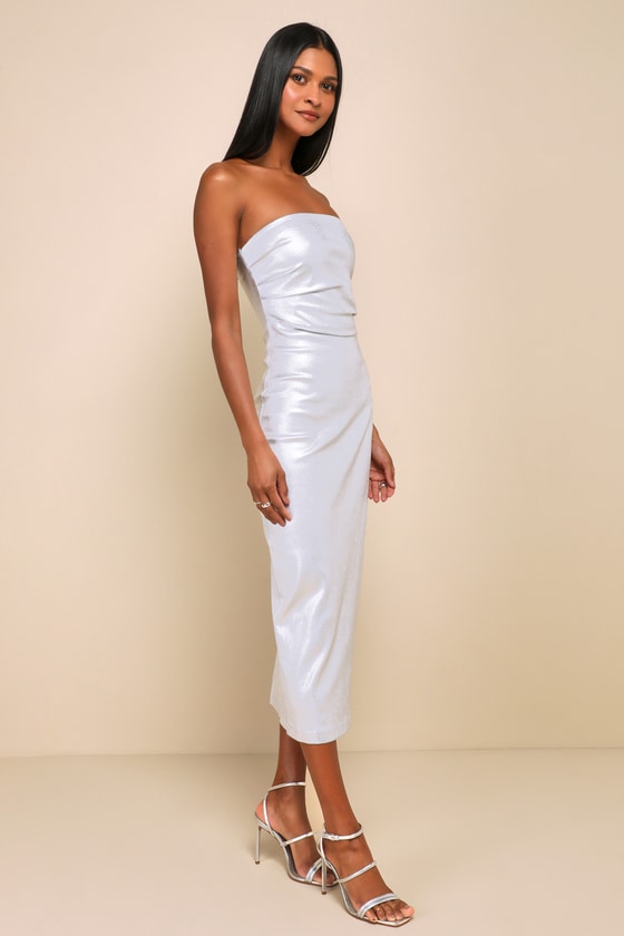 Shop Lulus Glow For You Silver Metallic Strapless Bodycon Midi Dress