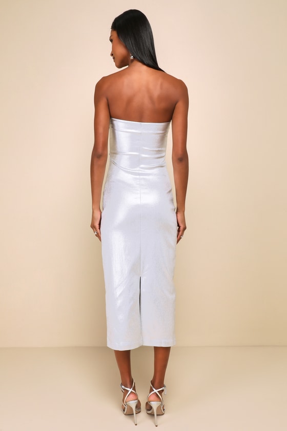 Glow For You Silver Metallic Strapless Bodycon Midi Dress 4