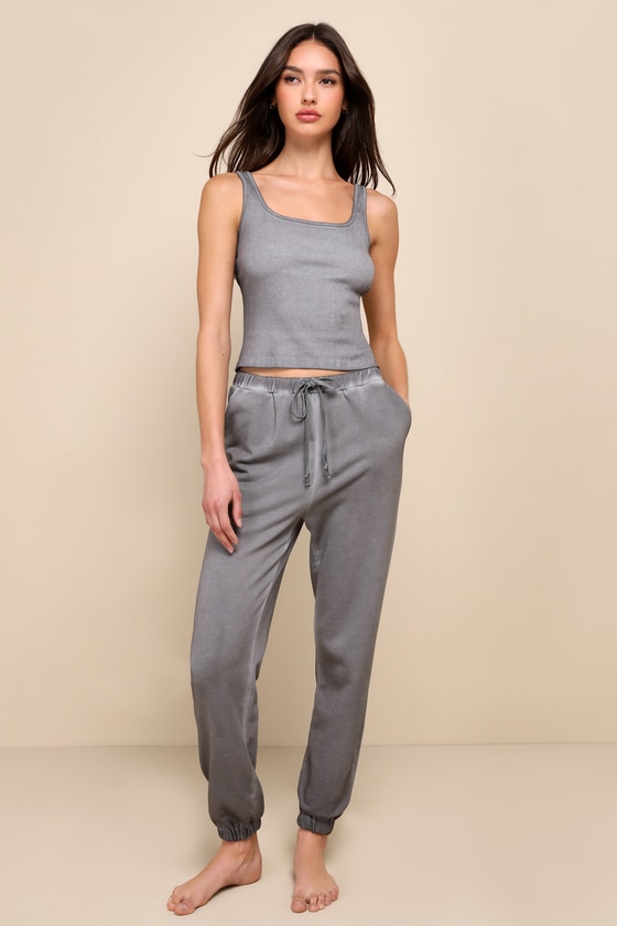 Washed Charcoal Grey Pants Jogger Pants French Terry Pants Lulus