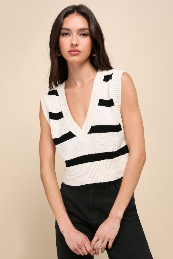 Shop Free People Santa Monica Black And White Striped Knit Sweater Vest Top