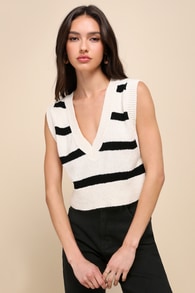 Santa Monica Black and White Striped Knit Sweater Vest Top