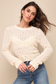 Blissful Perfection Cream Pointelle Long Sleeve Peplum Sweater