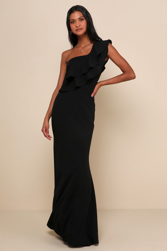 Grand Beauty Black Ruffled One-Shoulder Mermaid Maxi Dress