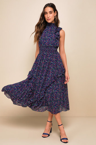 Evalina Navy Blue Floral Print Mock Neck Midi Dress 5