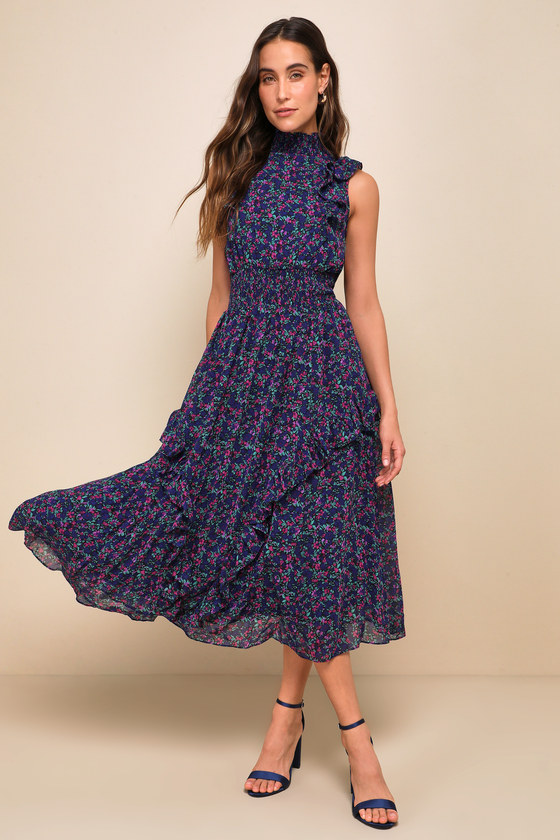 Evalina Navy Blue Floral Print Mock Neck Midi Dress 5