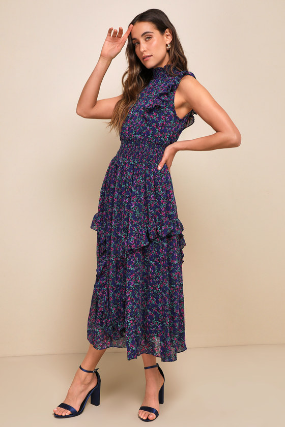 Evalina Navy Blue Floral Print Mock Neck Midi Dress 7