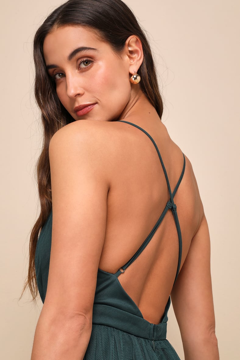Rare Beauty Hunter Green Tulle Backless Maxi Dress