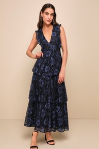 Molinetto Navy Blue Lace Ruffled Tiered Sleeveless Maxi Dress