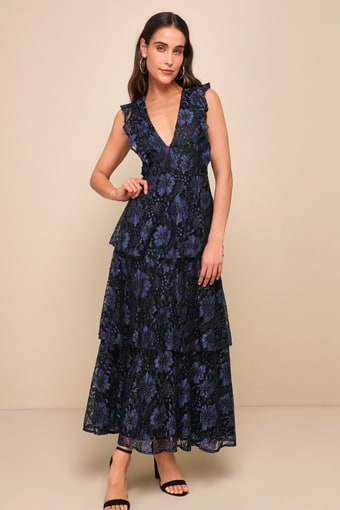 Molinetto Navy Blue Lace Ruffled Tiered Sleeveless Maxi Dress 10
