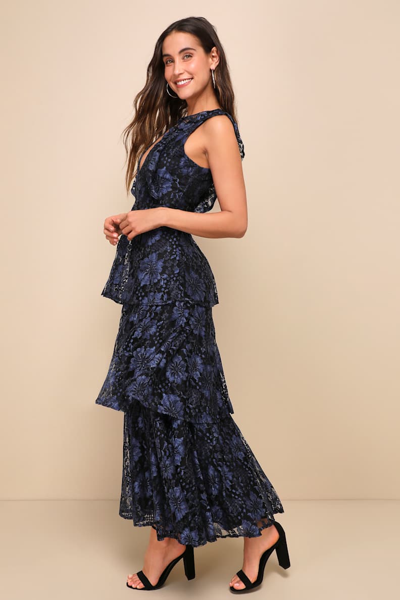 Molinetto Navy Blue Lace Ruffled Tiered Sleeveless Maxi Dress