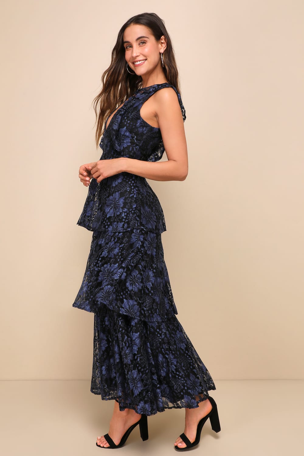 Molinetto Navy Blue Lace Ruffled Tiered Sleeveless Maxi Dress