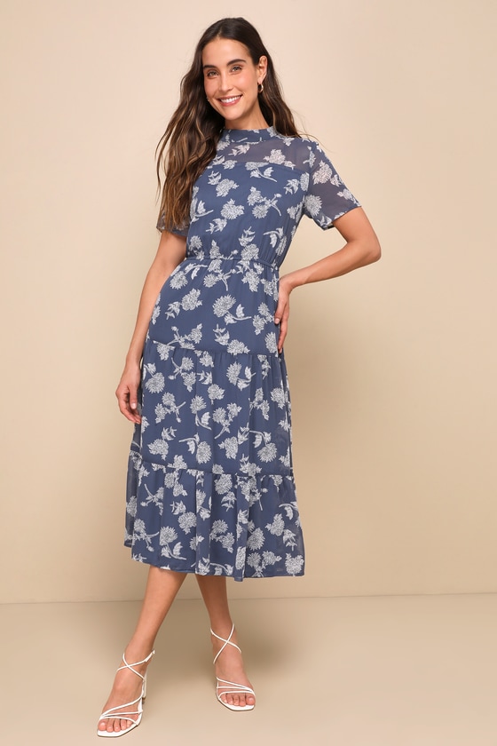 Floral Dressed Up Dusty Blue Floral Print Midi Dress