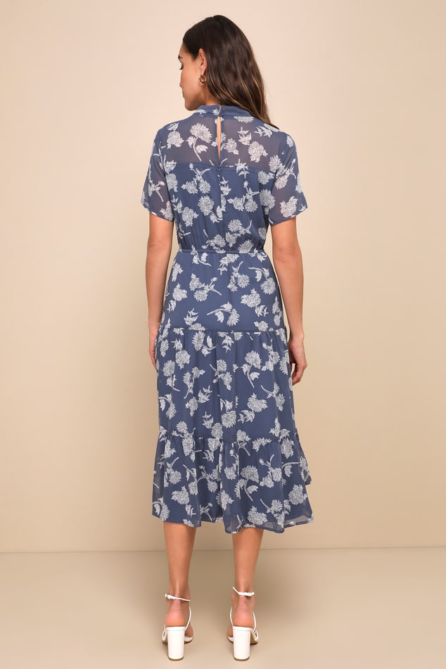 Dusty Blue Floral Print Dress - Midi Dress - Short Sleeve Dress - Lulus