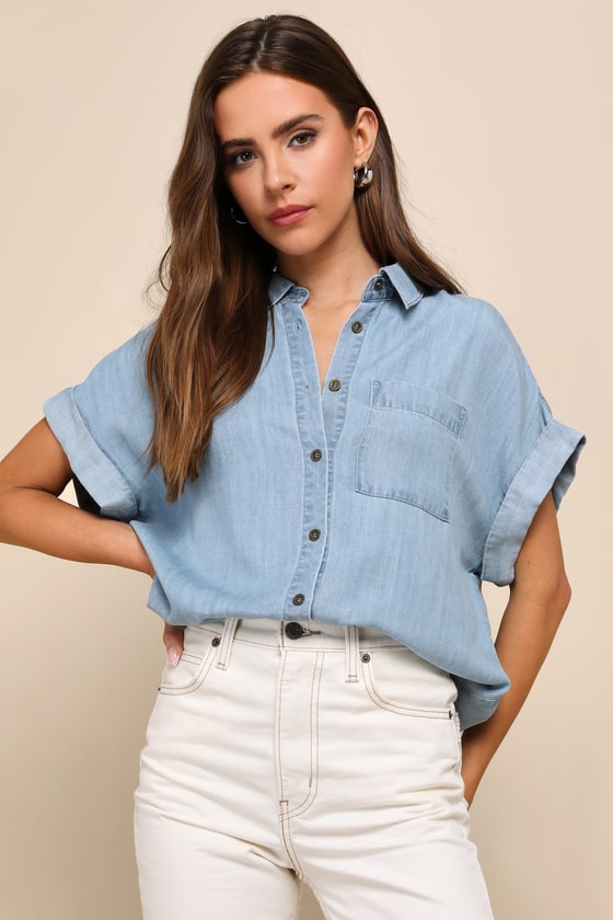 Blue Chambray Top - Collared Button-Up Top - Short Sleeve