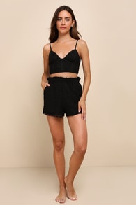 Dreamy Passion Black Embroidered Bustier Two-Piece Pajama Set