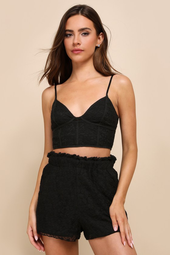Shop Lulus Dreamy Passion Black Embroidered Bustier Two-piece Pajama Set