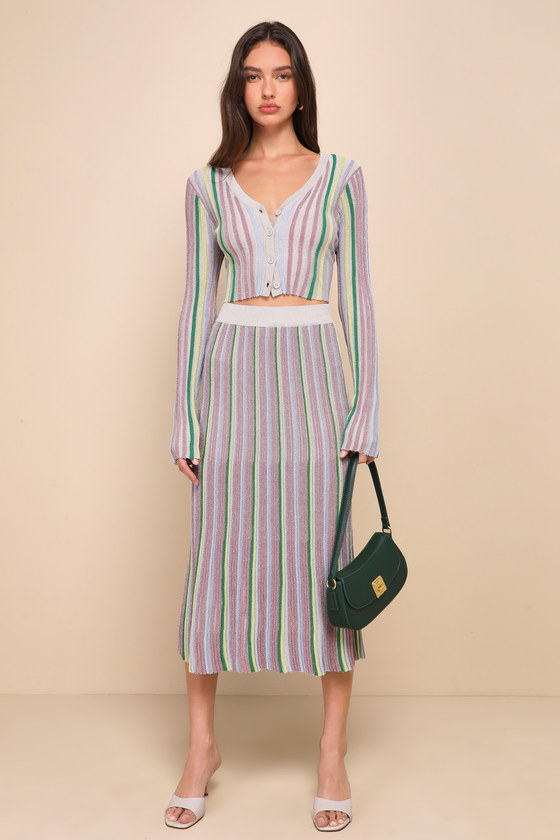 Eye-Catching Trend Taupe Multi Ribbed Striped Lurex Midi Skirt 1