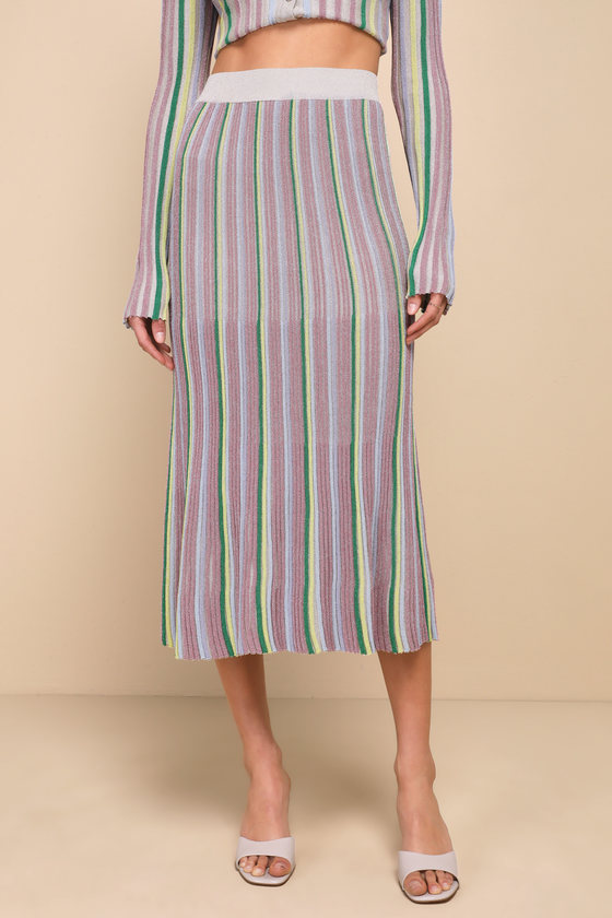 Eye-Catching Trend Taupe Multi Ribbed Striped Lurex Midi Skirt 2
