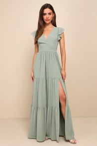 Charming Success Sage Brush Tiered Lace-Up Backless Maxi Dress
