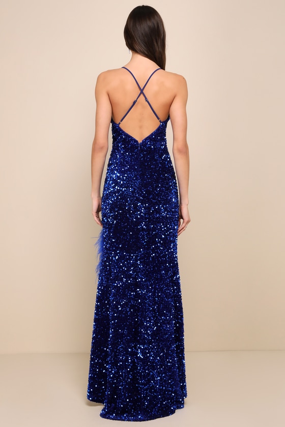 Purple Sequin Feather Design Maxi Evening Dress