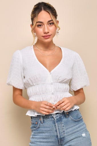 Must Be Adored White Button-Up Textured Puff Sleeve Top