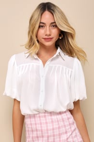 Polished Persona White Puff Sleeve Collared Button-Up Top