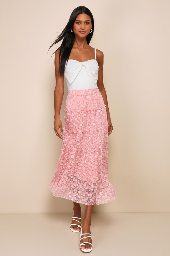 Shop Lulus Easily The Sweetest Mauve Pink Lace Tiered High-rise Midi Skirt