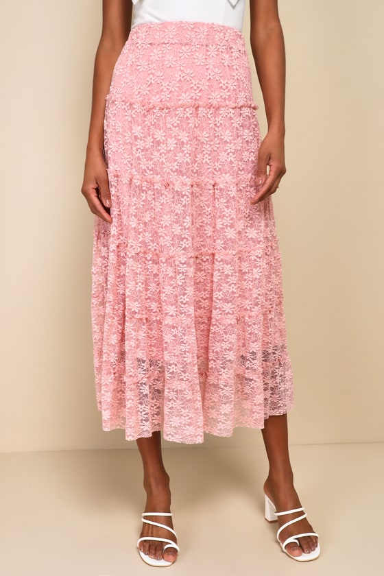 Shop Lulus Easily The Sweetest Mauve Pink Lace Tiered High-rise Midi Skirt