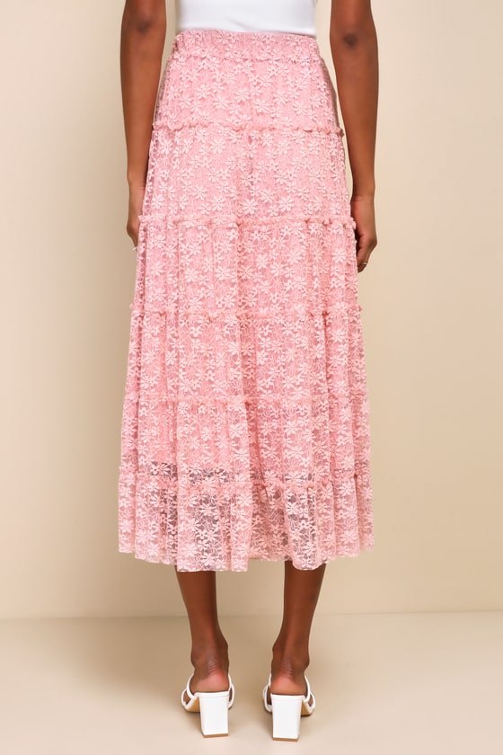 Shop Lulus Easily The Sweetest Mauve Pink Lace Tiered High-rise Midi Skirt