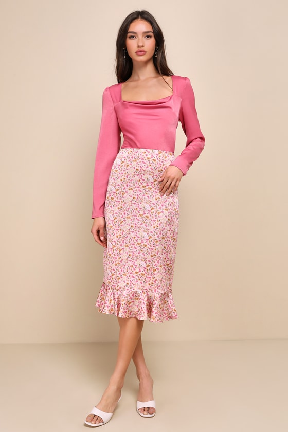 Shop Lulus Darling Perception Pink Floral Print Ruffled Midi Skirt