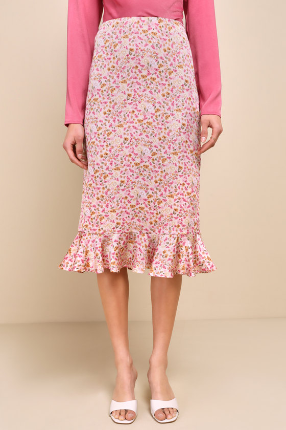Shop Lulus Darling Perception Pink Floral Print Ruffled Midi Skirt