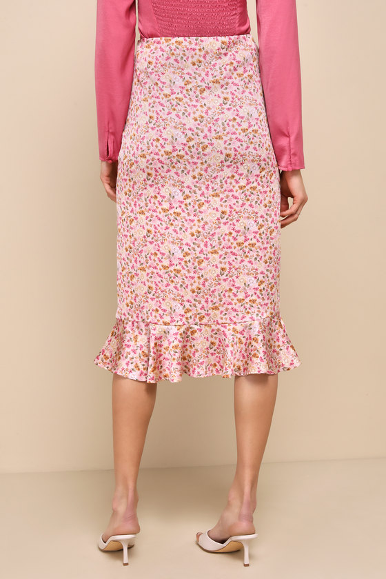 Shop Lulus Darling Perception Pink Floral Print Ruffled Midi Skirt