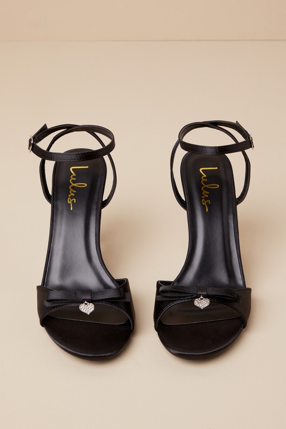 Lulus Caelum Black Satin Rhinestone Heart Charm Ankle Strap Heels In Black
