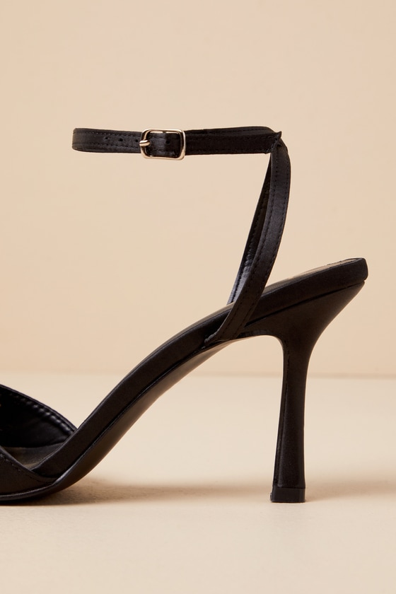 Lulus Caelum Black Satin Rhinestone Heart Charm Ankle Strap Heels In Black
