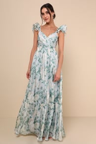 Soiree Perfection Light Blue Floral Ruffled Tiered Maxi Dress