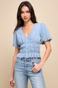 Must Be Adored Slate Blue Button-Up Textured Puff Sleeve Top