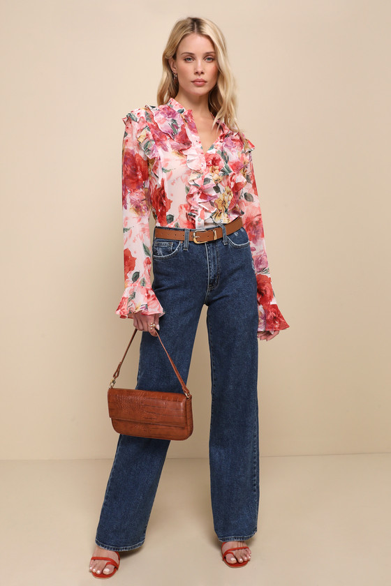 Flourishing Babe Pink Floral Ruffled Long Sleeve Button-Up Top 4