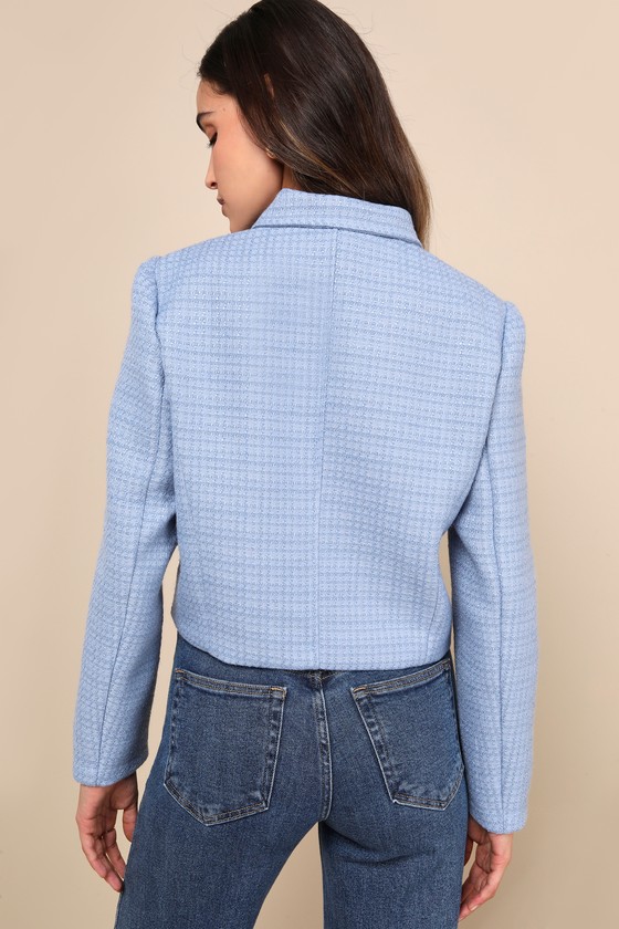 Shop Lulus Elevated Sensibility Blue Tweed Cropped Collared Jacket