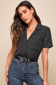 Good Luck Charm Black Polka Dot Short Sleeve Button-Up Top 8