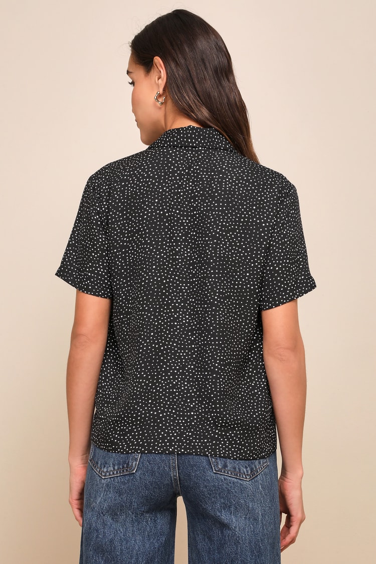 Good Luck Charm Black Polka Dot Short Sleeve Button-Up Top