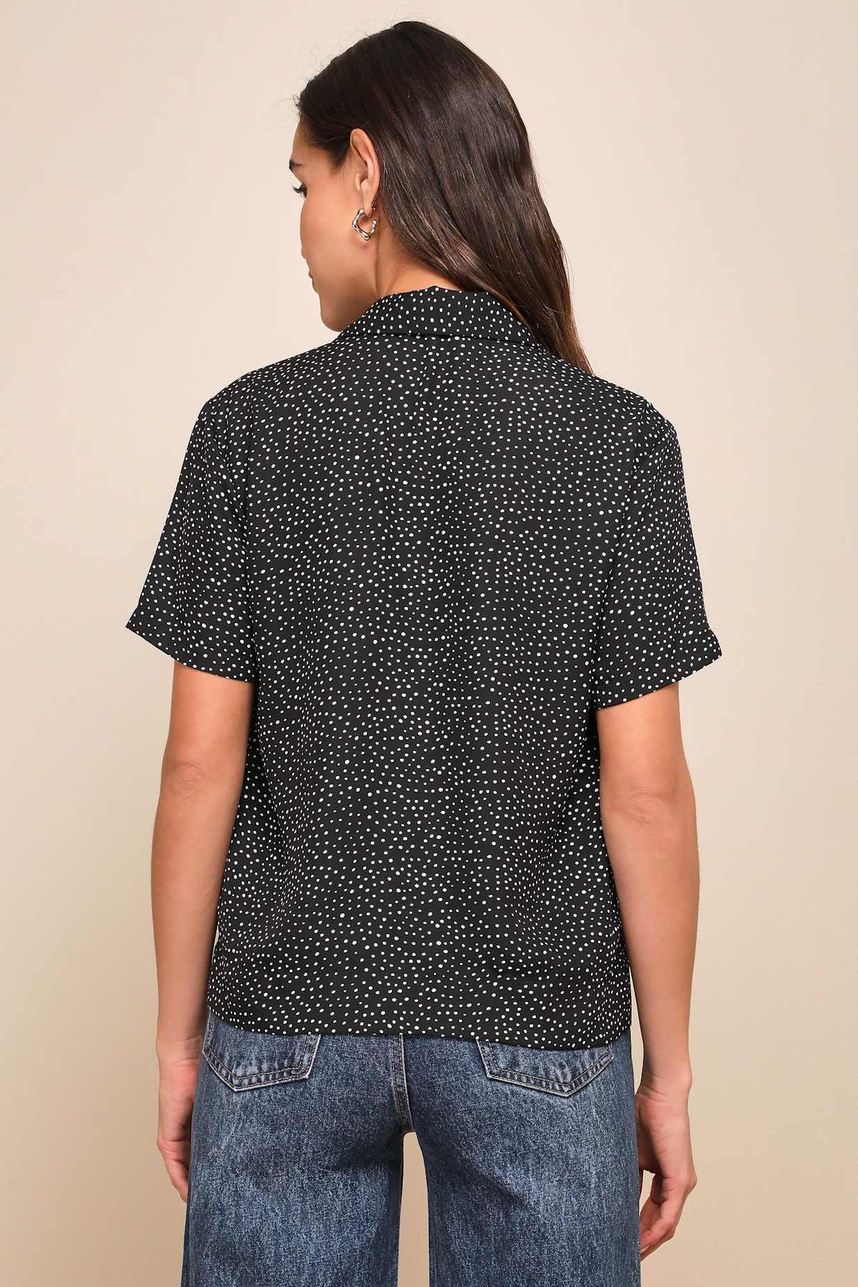 Good Luck Charm Black Polka Dot Short Sleeve Button-Up Top