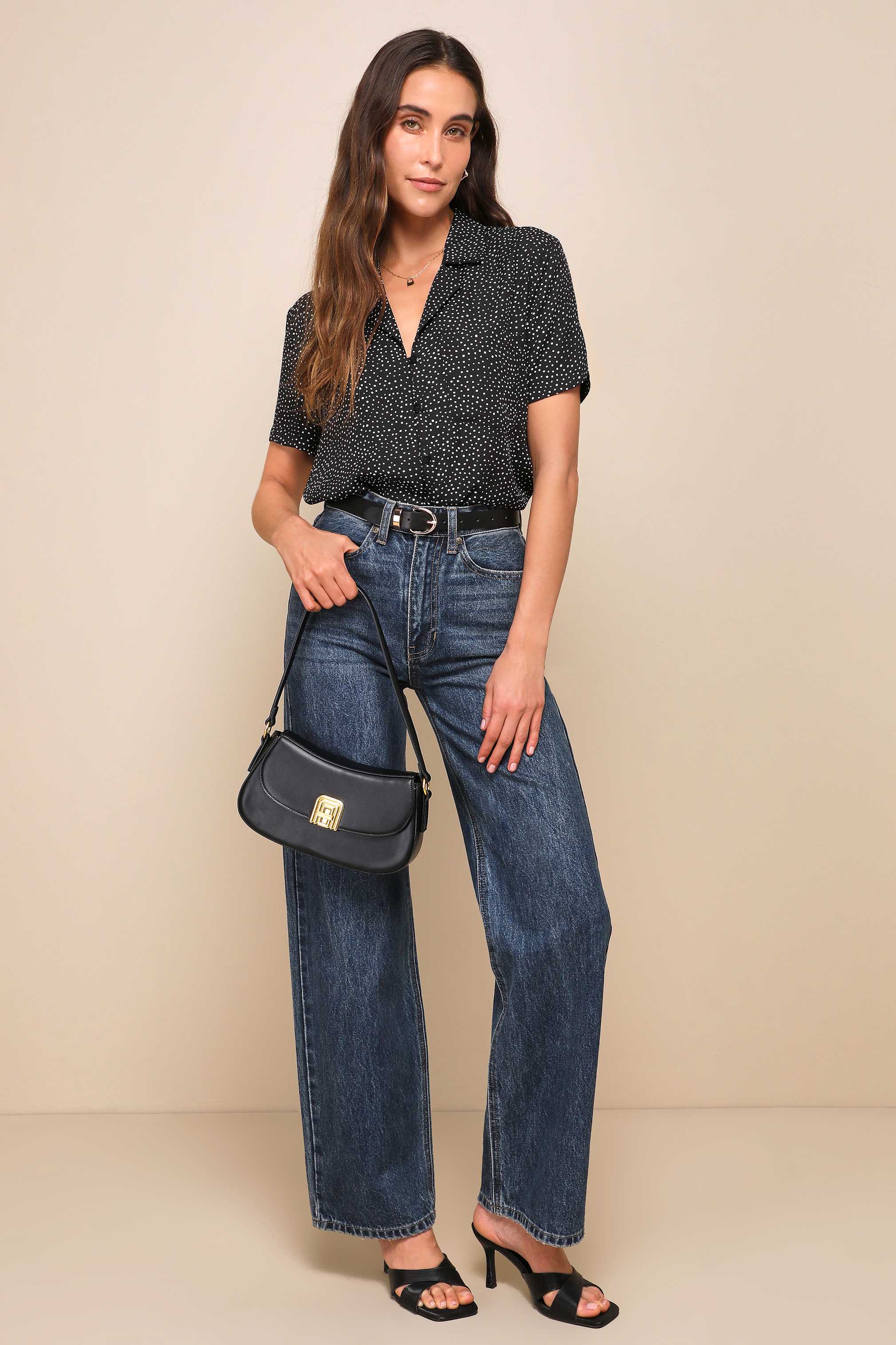 Good Luck Charm Black Polka Dot Short Sleeve Button-Up Top