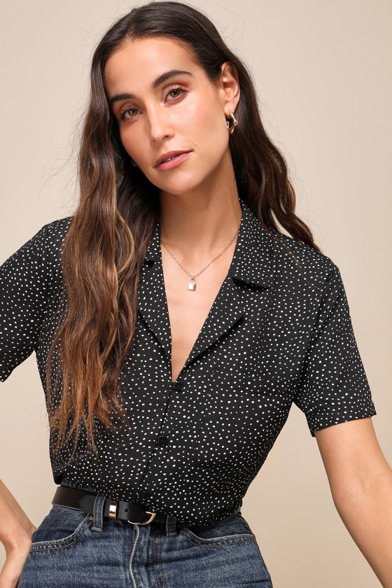 Good Luck Charm Black Polka Dot Short Sleeve Button-Up Top - thumbnail 4